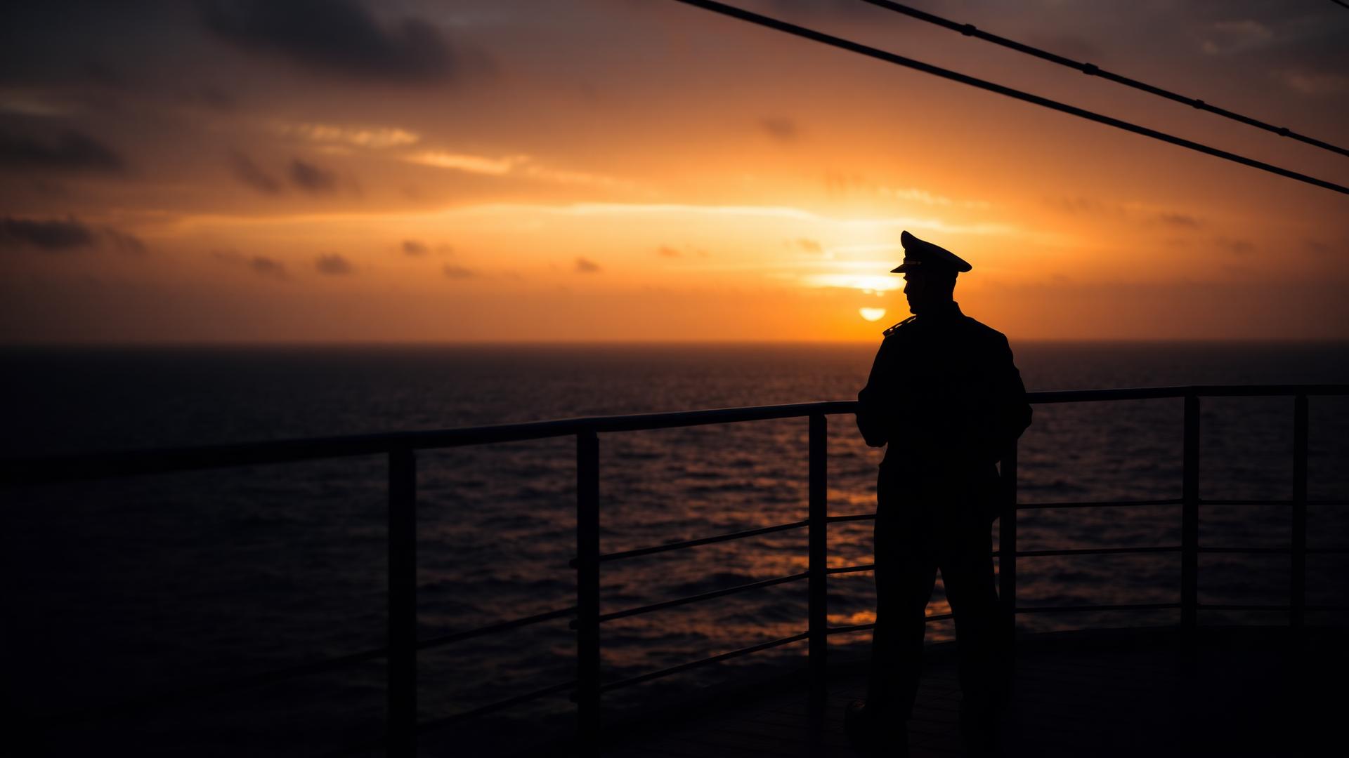 A merchant officer at sea at sunset